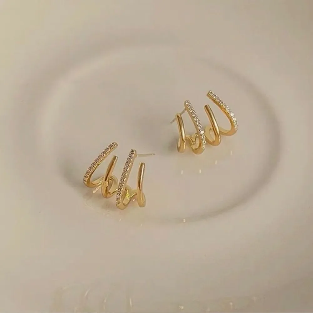 18K Thick Gold Plated Polly Pave Claw Hoops Stud Earrings